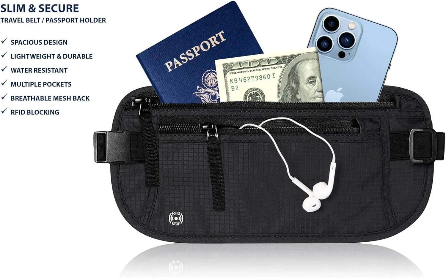 Men's Slim Fanny Pack Belt Bag | RFID Blocking Money Belt | Travel Waist Pouch for Security & Hidden Storage (Black)