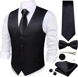 Men's Vest Tie Set Bow Tie Satin V-Neck Solid Colors Suit Waistcoat Cufflinks hanky Formal Wedding Business Tuxedo