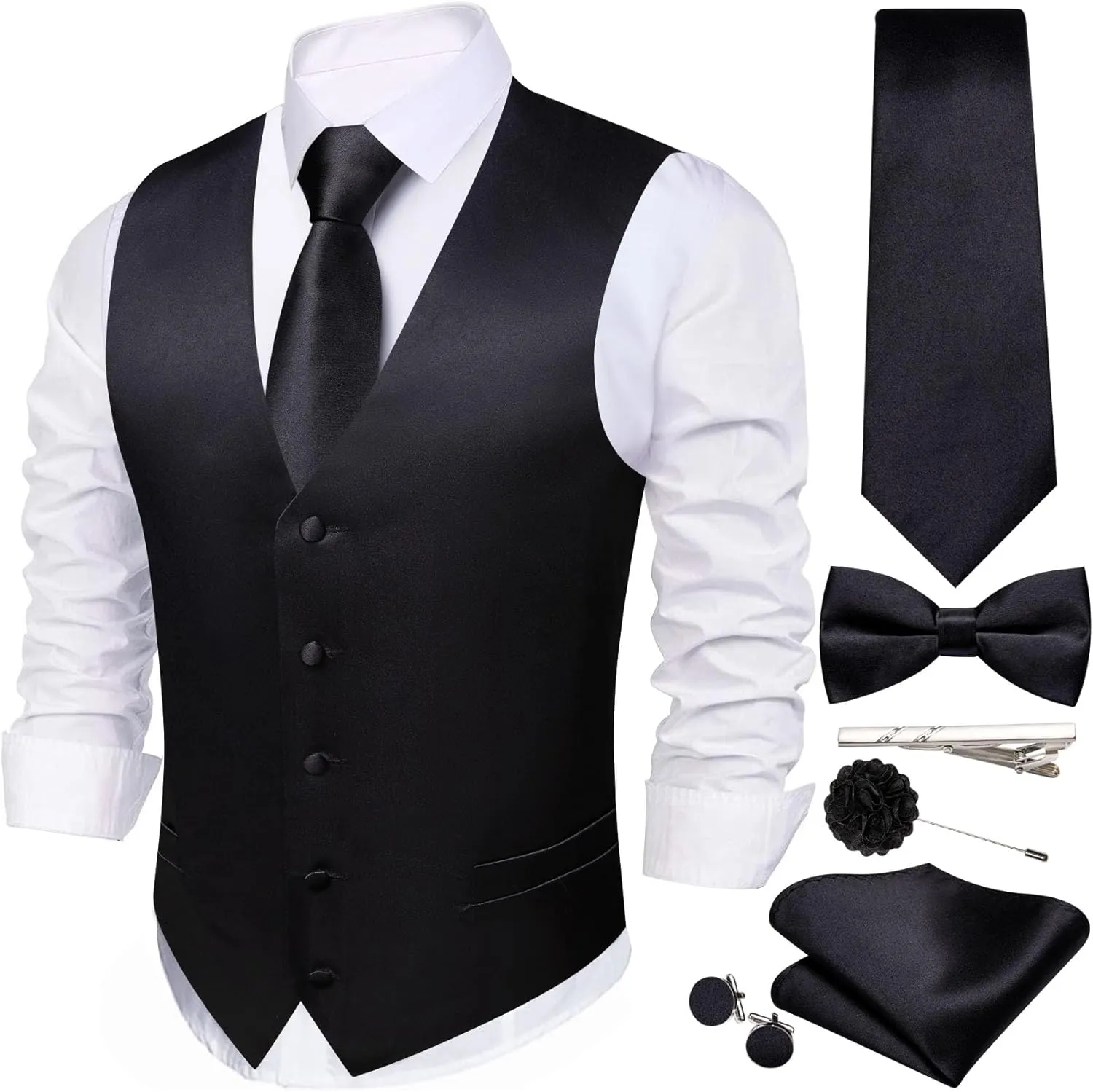 Men's Vest Tie Set Bow Tie Satin V-Neck Solid Colors Suit Waistcoat Cufflinks hanky Formal Wedding Business Tuxedo