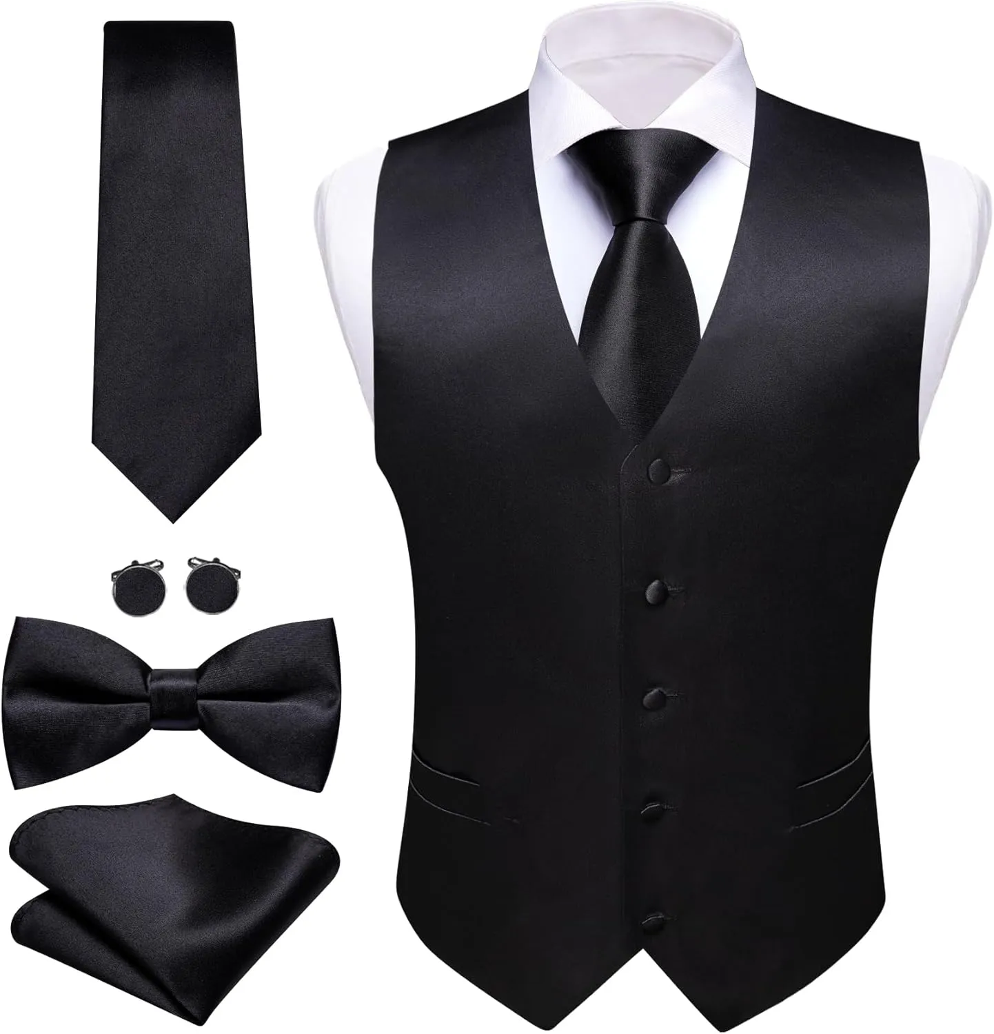 Men's Vest Tie Set Bow Tie Satin V-Neck Solid Colors Suit Waistcoat Cufflinks hanky Formal Wedding Business Tuxedo
