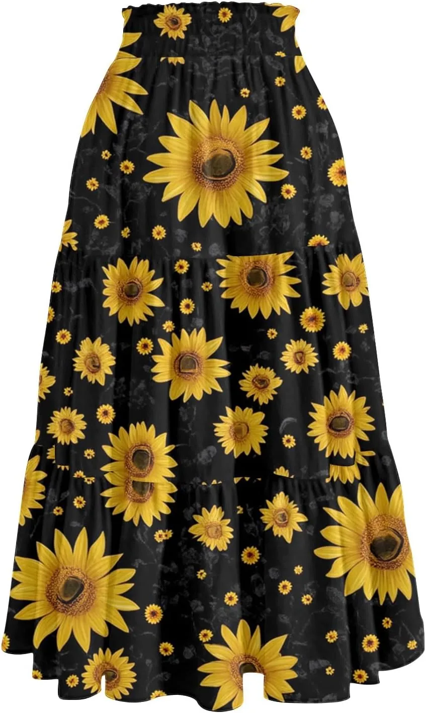 Midi Summer Skirts for Women Drawstring High Waist Knee Length Skirts A Line Floral Print Work Skirt with Pockets