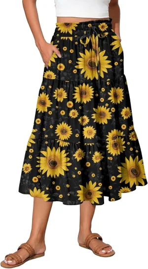 Midi Summer Skirts for Women Drawstring High Waist Knee Length Skirts A Line Floral Print Work Skirt with Pockets