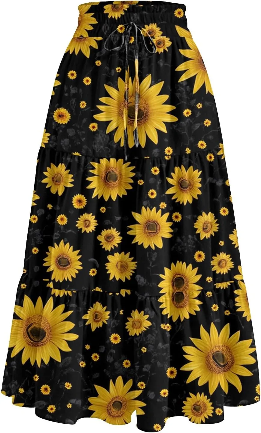 Midi Summer Skirts for Women Drawstring High Waist Knee Length Skirts A Line Floral Print Work Skirt with Pockets