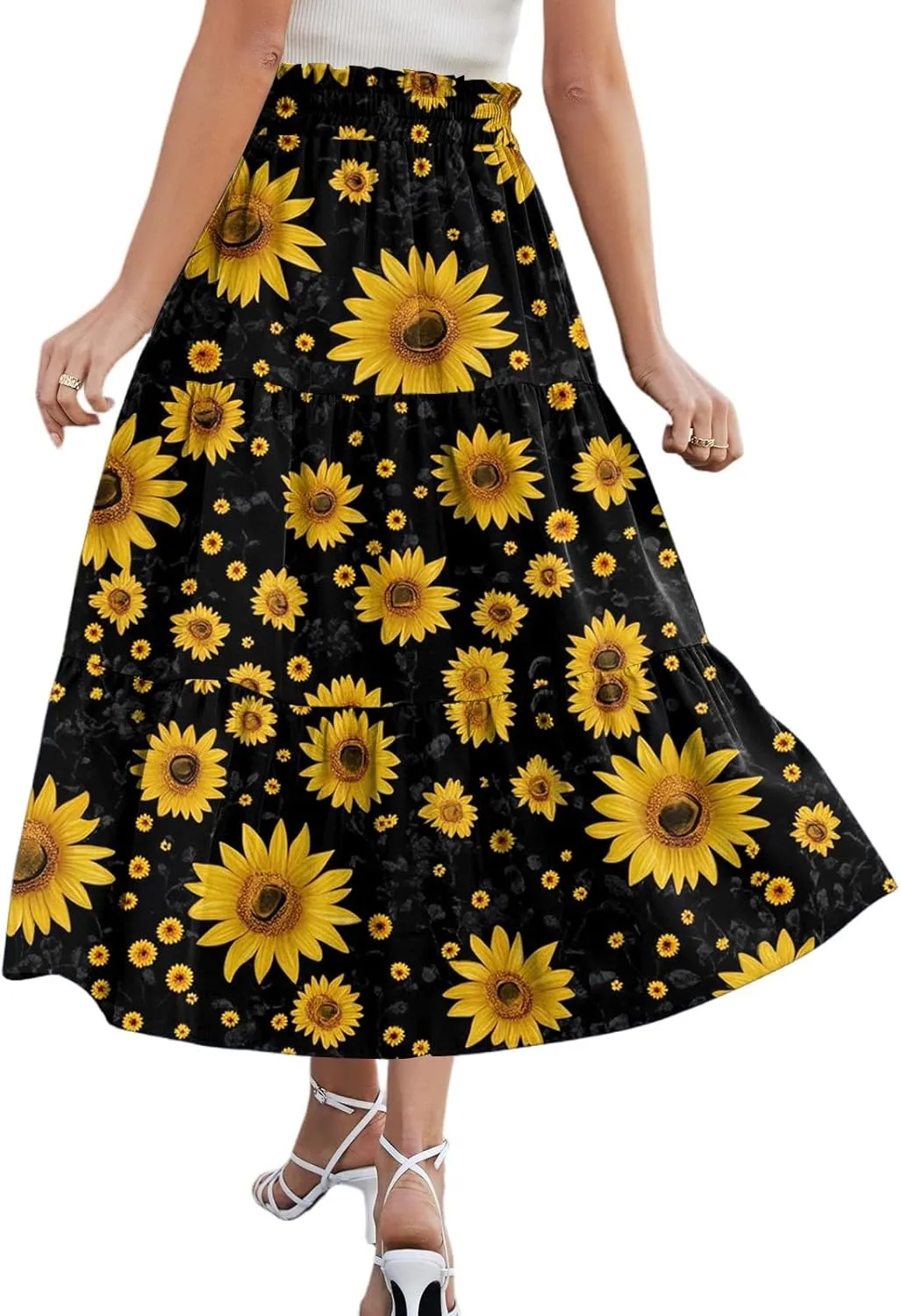 Midi Summer Skirts for Women Drawstring High Waist Knee Length Skirts A Line Floral Print Work Skirt with Pockets