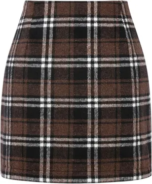 Mini Plaid Skirts for Women Trendy High Waisted Bodycon Wool Pencil Skirt Stretchy Wrap Skirt Lightweight Tweed Skirt