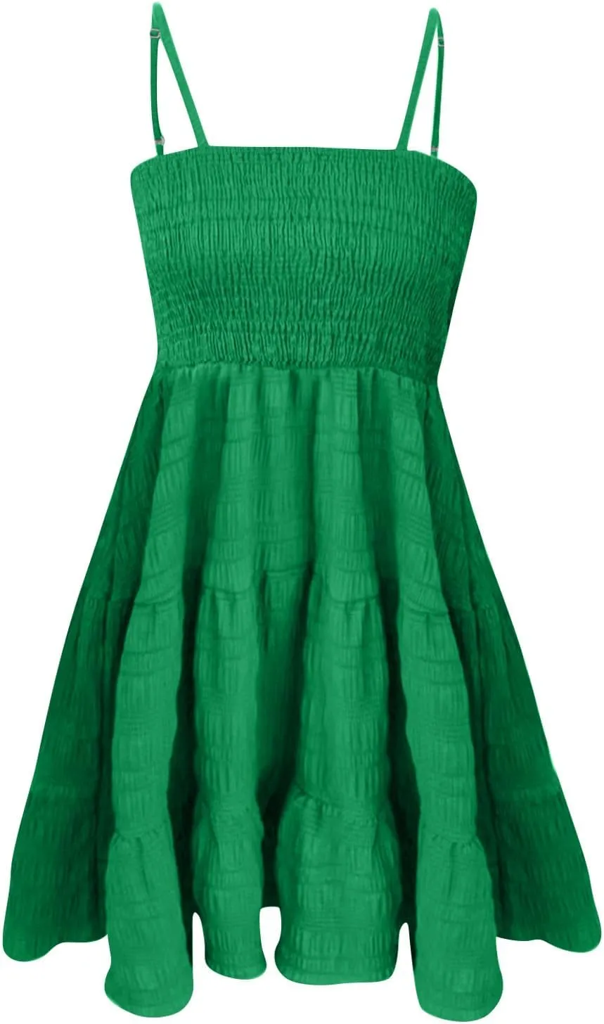 Mini Sundresses for Women Smocked Spaghetti Strap Skater Dress Summer Loose Ruffle Boho Cami Boho Dress