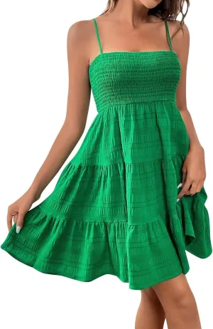 Mini Sundresses for Women Smocked Spaghetti Strap Skater Dress Summer Loose Ruffle Boho Cami Boho Dress
