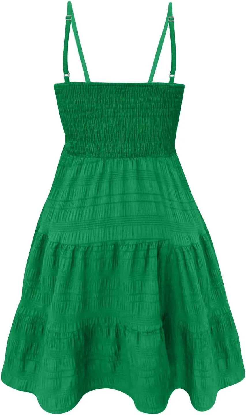 Mini Sundresses for Women Smocked Spaghetti Strap Skater Dress Summer Loose Ruffle Boho Cami Boho Dress