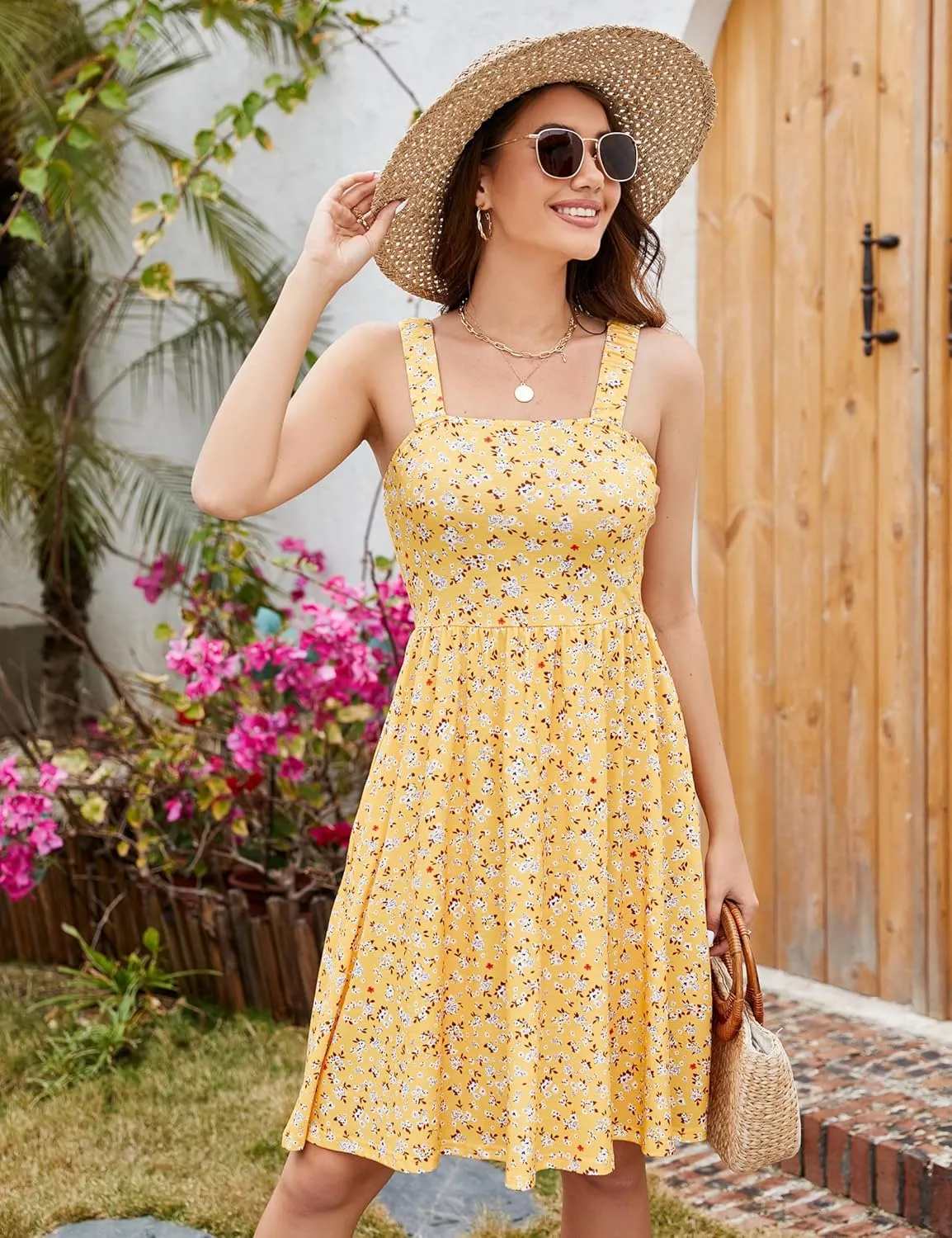 Naggoo Women's Summer Sundress Sleeveless Square Neck Dress High Waist A Line Short Dress