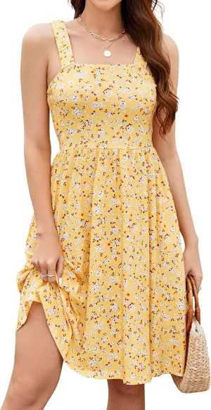 Naggoo Women's Summer Sundress Sleeveless Square Neck Dress High Waist A Line Short Dress