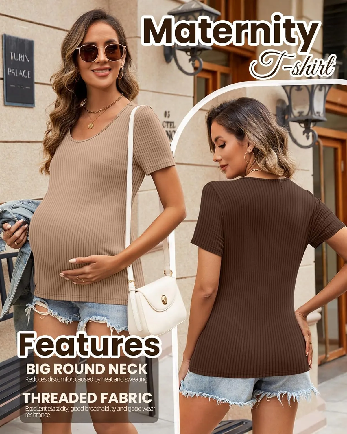 Neer 3 Pack Women's Ribbed Maternity Tops S-XXL Round Neck Pregnancy Shirts Cotton Short Sleeve Soft Summer Maternity Clothes
