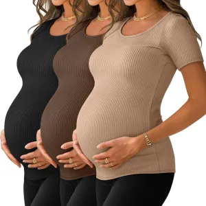 Neer 3 Pack Women's Ribbed Maternity Tops S-XXL Round Neck Pregnancy Shirts Cotton Short Sleeve Soft Summer Maternity Clothes