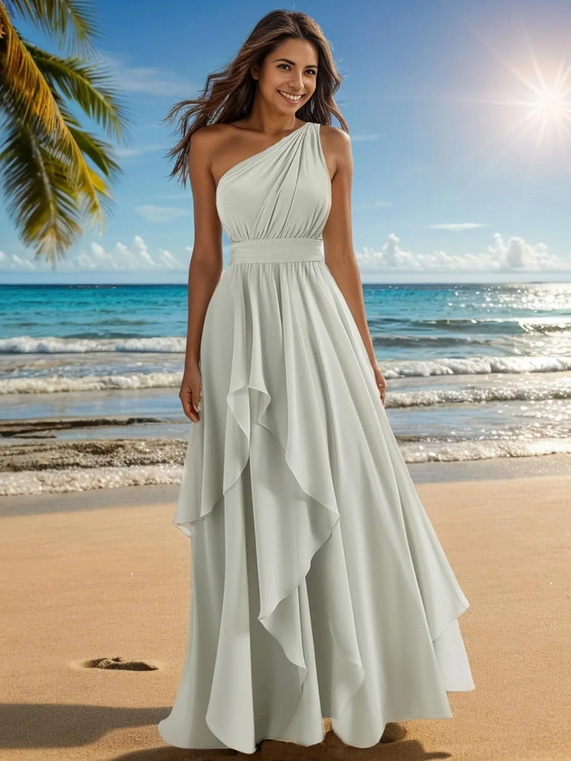 One Shoulder Bridesmaid Dresses for Women Ruffles A-Line Chiffon Ruched Formal Gown with Pockets