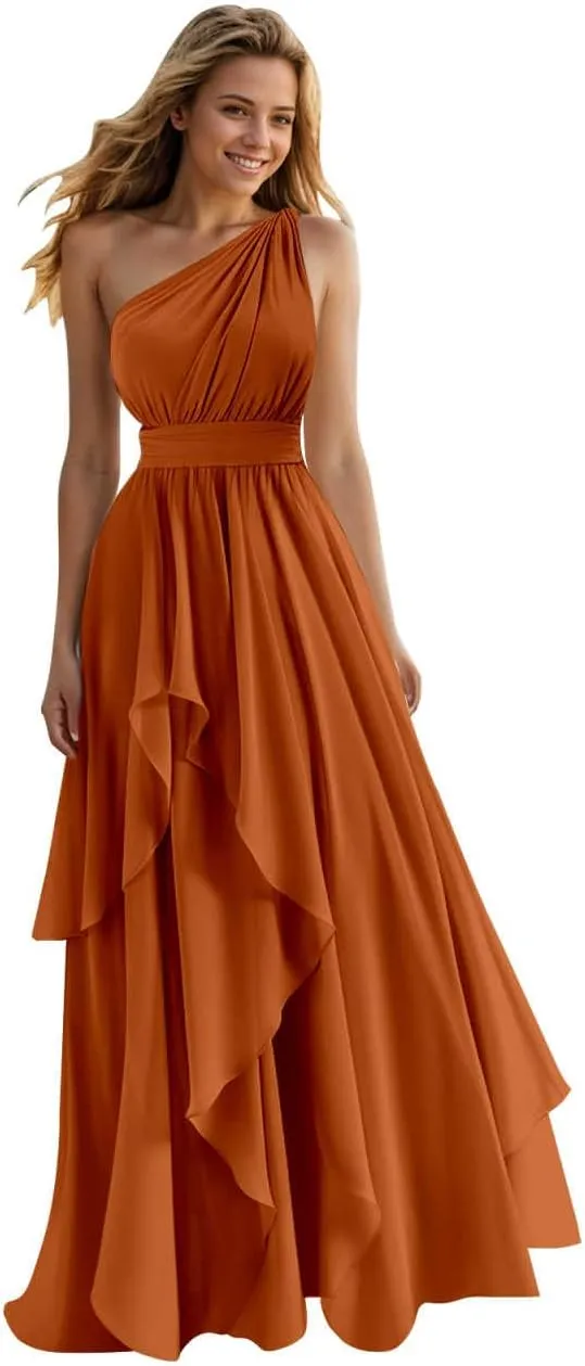 One Shoulder Bridesmaid Dresses for Women Ruffles A-Line Chiffon Ruched Formal Gown with Pockets
