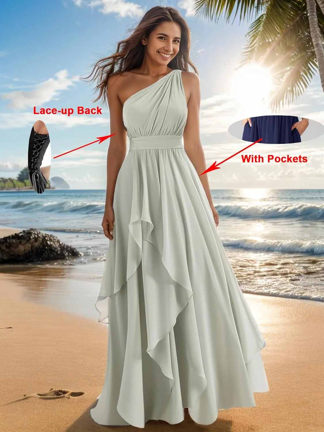 One Shoulder Bridesmaid Dresses for Women Ruffles A-Line Chiffon Ruched Formal Gown with Pockets
