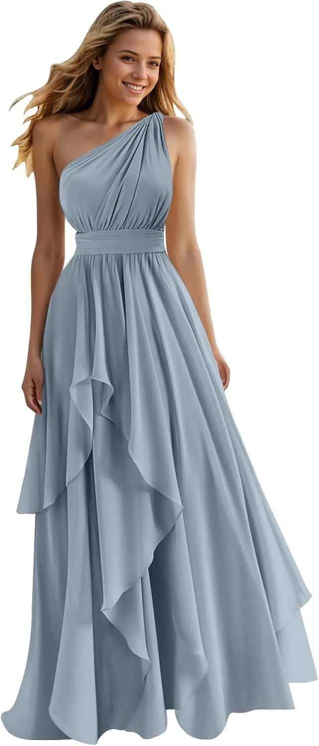 One Shoulder Bridesmaid Dresses for Women Ruffles A-Line Chiffon Ruched Formal Gown with Pockets