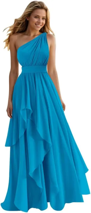 One Shoulder Bridesmaid Dresses for Women Ruffles A-Line Chiffon Ruched Formal Gown with Pockets