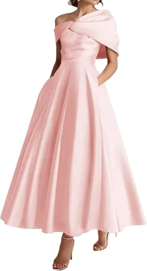 One Shoulder Satin Mother of The Bride Dresses A-Line Pleated Tea Length Wedding Guest Dress with Bow