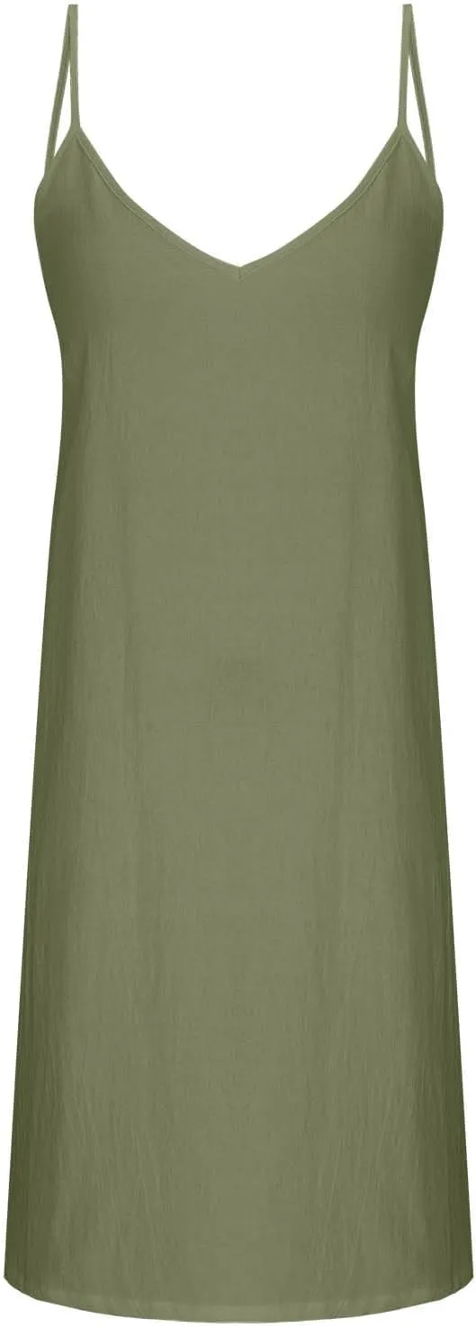 Oplxuo Women Casual Summer Beach Dresses Solid Color Spaghetti Strap Sundress V Neck Sleeveless Mini Dress