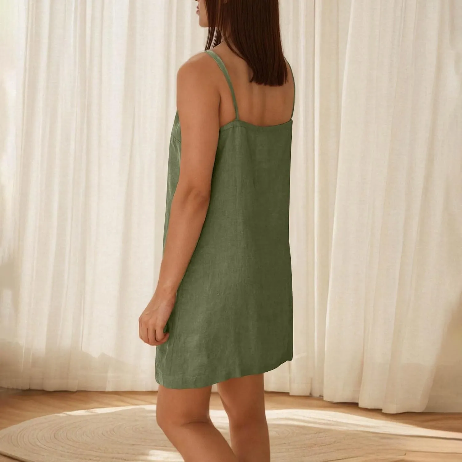 Oplxuo Women Casual Summer Beach Dresses Solid Color Spaghetti Strap Sundress V Neck Sleeveless Mini Dress