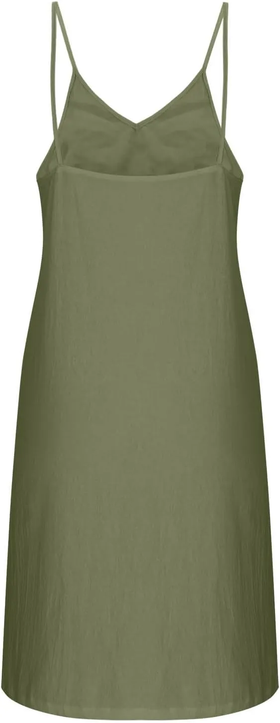 Oplxuo Women Casual Summer Beach Dresses Solid Color Spaghetti Strap Sundress V Neck Sleeveless Mini Dress