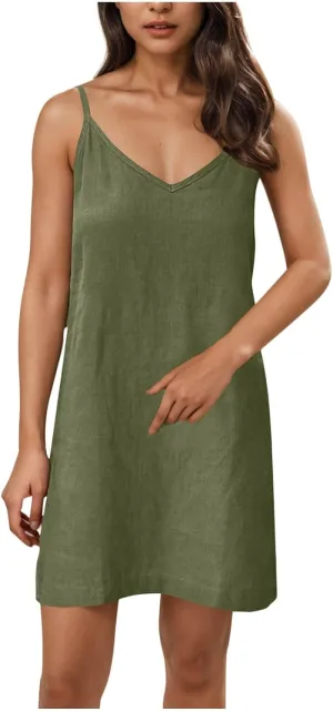 Oplxuo Women Casual Summer Beach Dresses Solid Color Spaghetti Strap Sundress V Neck Sleeveless Mini Dress
