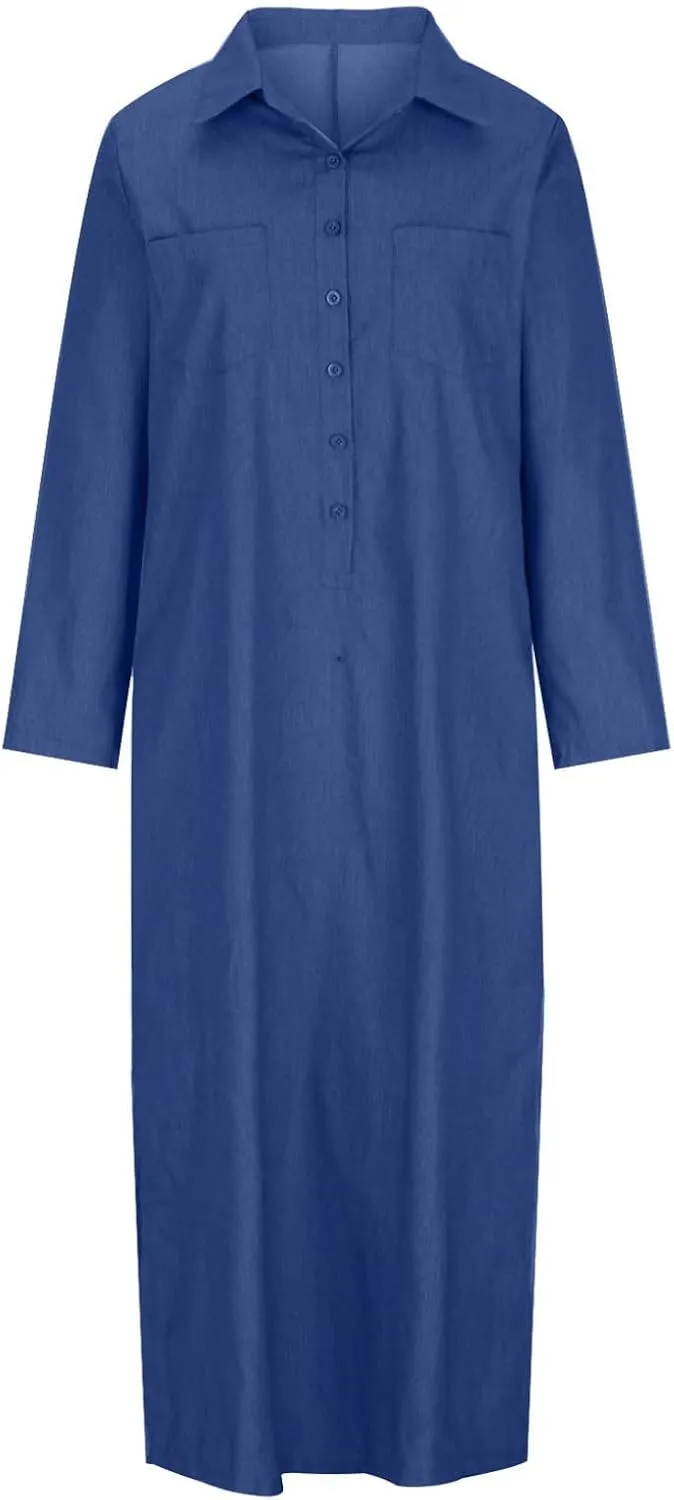 Oplxuo Women's Plus Size Denim Dress Long with Slit Button Down Shirt Dress Long Sleeve Lapel Casual Loose Jean Maxi Dresses