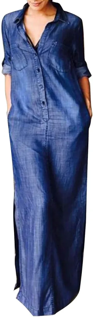 Oplxuo Women's Plus Size Denim Dress Long with Slit Button Down Shirt Dress Long Sleeve Lapel Casual Loose Jean Maxi Dresses