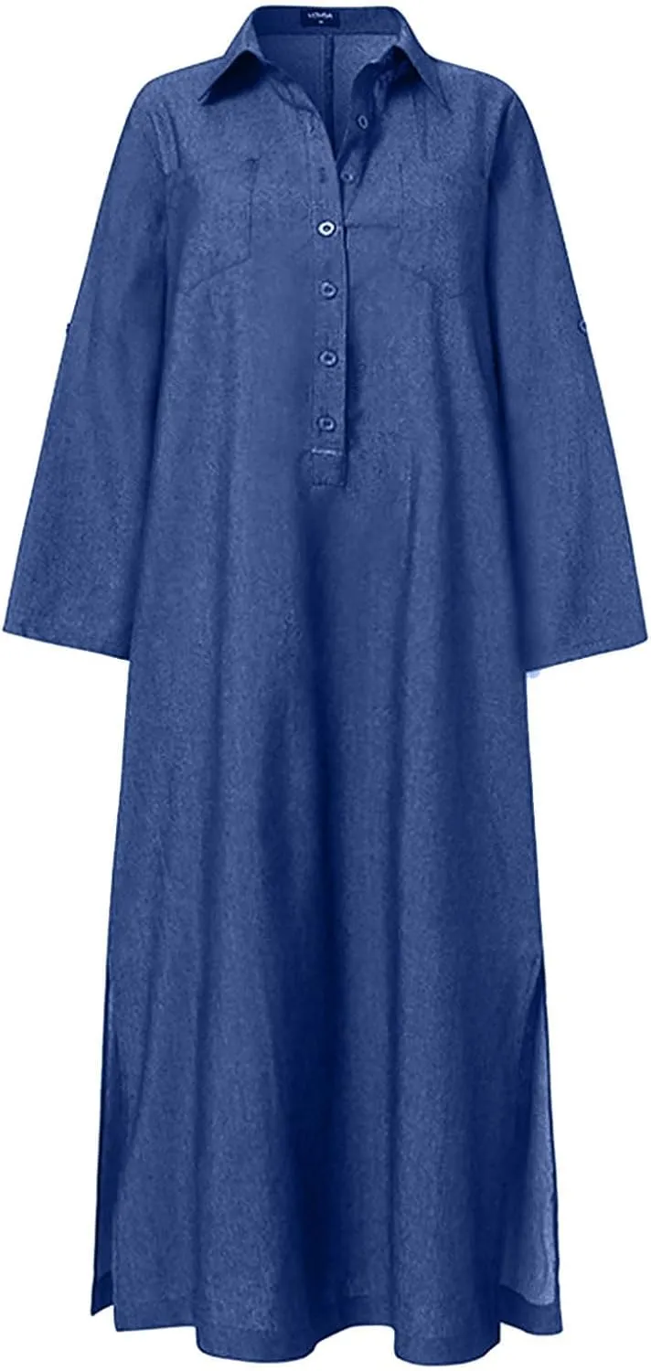 Oplxuo Women's Plus Size Denim Dress Long with Slit Button Down Shirt Dress Long Sleeve Lapel Casual Loose Jean Maxi Dresses