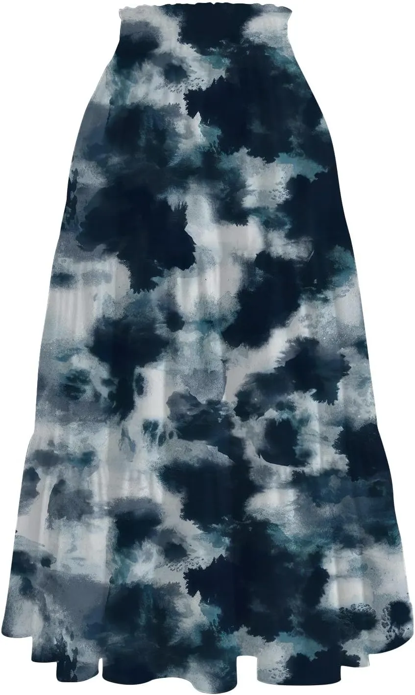 Palaver Boho Midi Skirts for Women Summer Boho Smocked High Waisted Skirt Vacation A-Line Long Flowy Skirts with Pockets