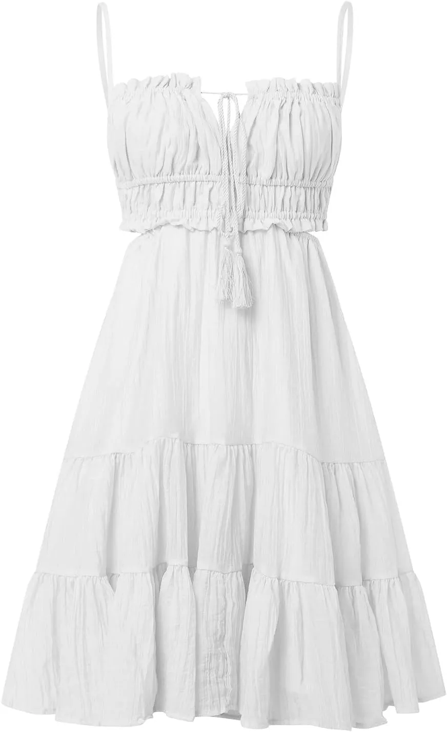 Party Dresses for Women Spaghetti Strap Short Beach Vacation Dress Sleeveless Ruffle Tiered Flowy A Line Mini Sundress