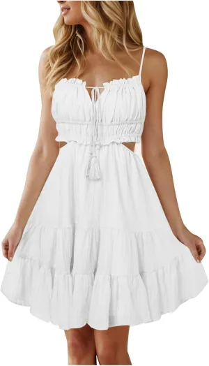 Party Dresses for Women Spaghetti Strap Short Beach Vacation Dress Sleeveless Ruffle Tiered Flowy A Line Mini Sundress