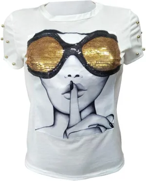 PESION Womens Short Sleeve T-Shirt Sequined Tops O-Neck Funny Graphic Tees Blouse