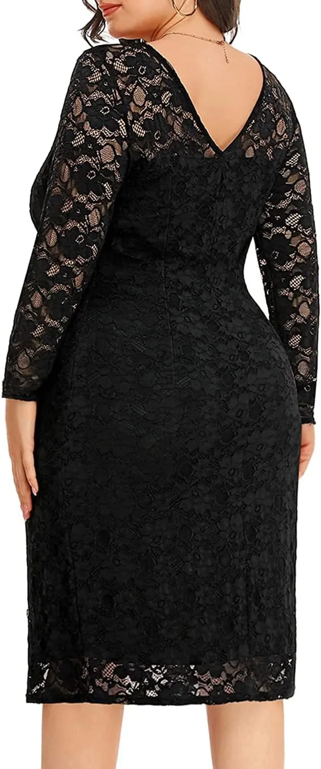Pinup Fashion Plus Size Dresses for Wedding Guest Long Sleeve Cocktail Formal Party Dress for Women Sexy