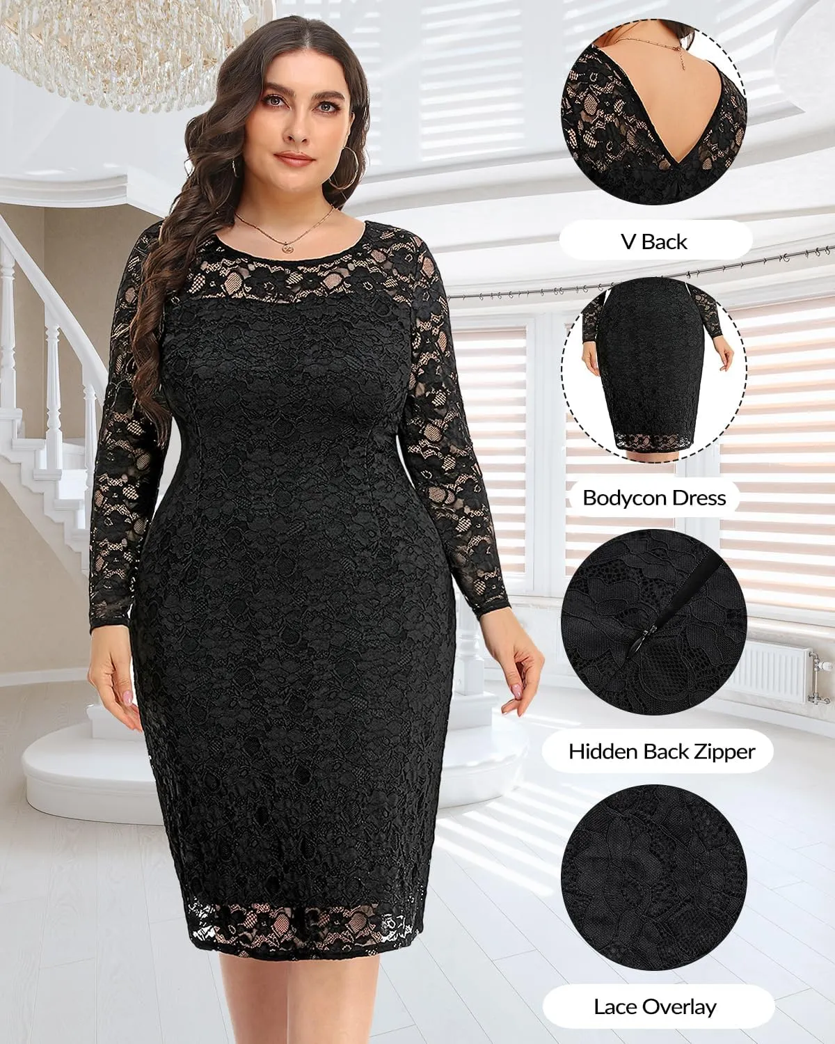 Pinup Fashion Plus Size Dresses for Wedding Guest Long Sleeve Cocktail Formal Party Dress for Women Sexy