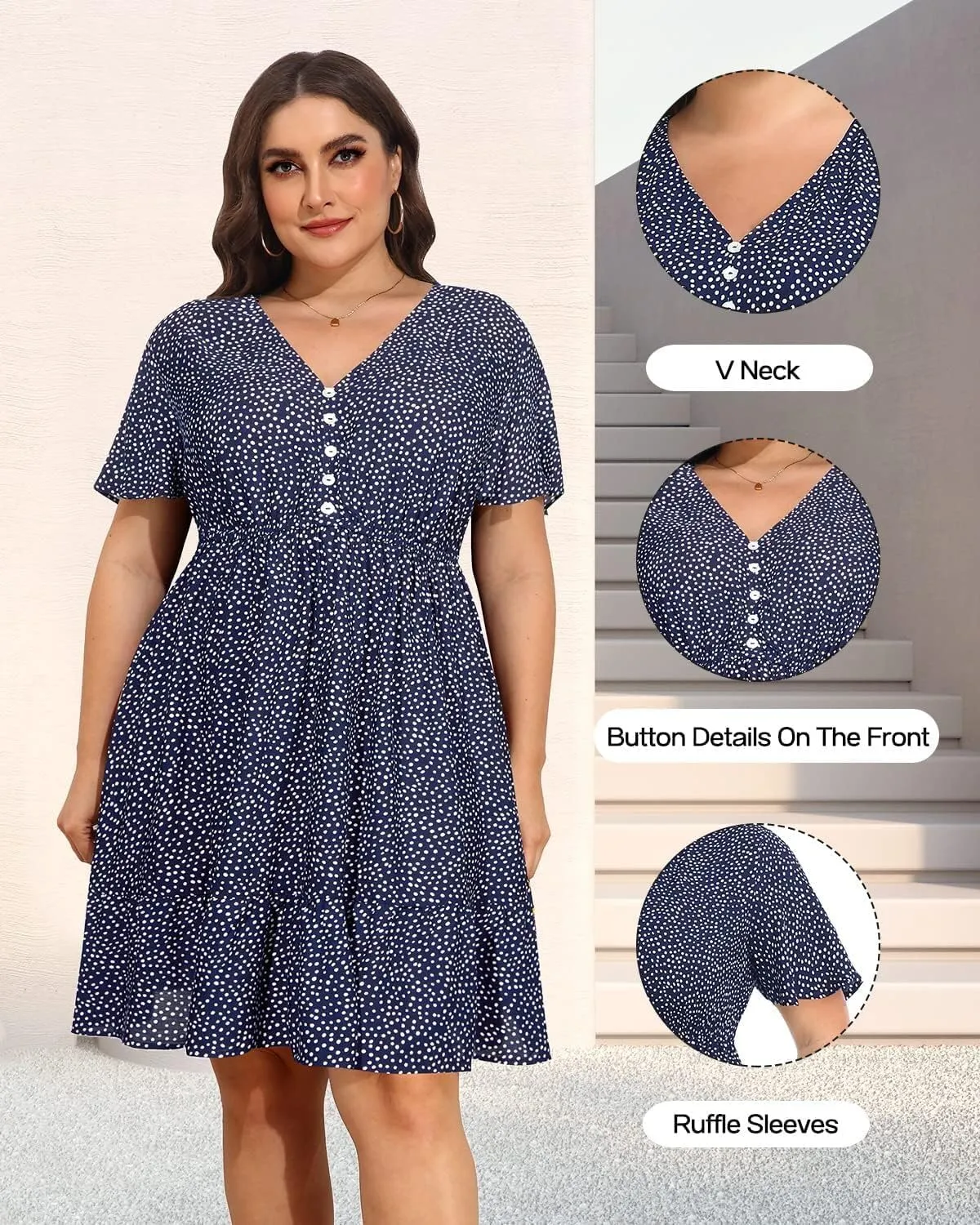 Pinup Fashion Women's Plus Size Boho Button Front Ruffle Dresses Short Sleeve Knee Length Summer Casual Swing Dress