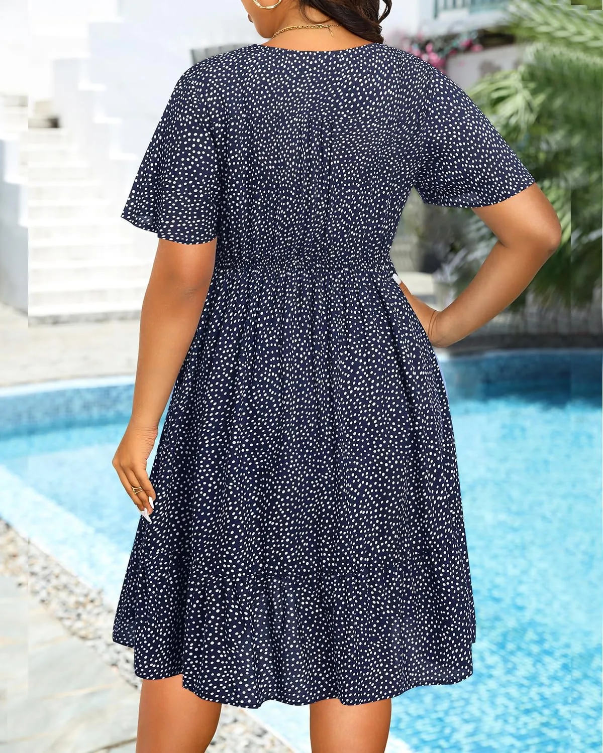 Pinup Fashion Women's Plus Size Boho Button Front Ruffle Dresses Short Sleeve Knee Length Summer Casual Swing Dress