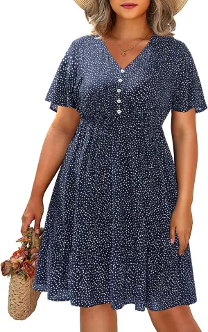 Pinup Fashion Women's Plus Size Boho Button Front Ruffle Dresses Short Sleeve Knee Length Summer Casual Swing Dress