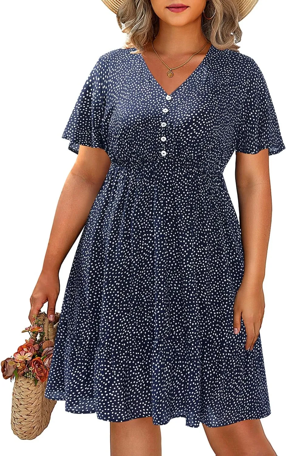 Pinup Fashion Women's Plus Size Boho Button Front Ruffle Dresses Short Sleeve Knee Length Summer Casual Swing Dress