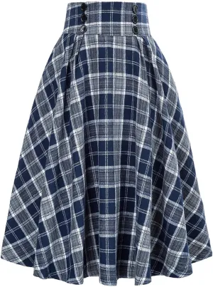 Plaid Skirts for Women Pleated Skirt Warm Elastic Waist A-Line Midi Length Skirt Pleated Long Skirt