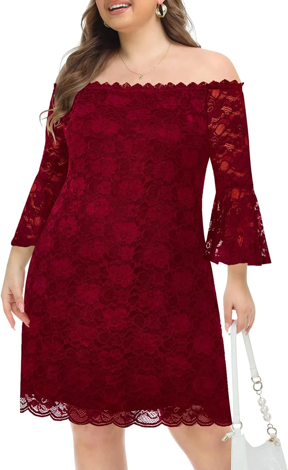 Plus Size Dresses for Women Wedding Guest Off The Shoulder Lace Cocktail Short Dress with Bell Sleeve