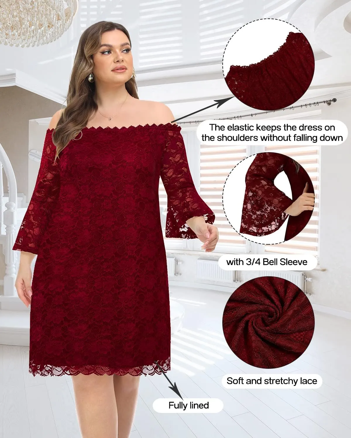 Plus Size Dresses for Women Wedding Guest Off The Shoulder Lace Cocktail Short Dress with Bell Sleeve