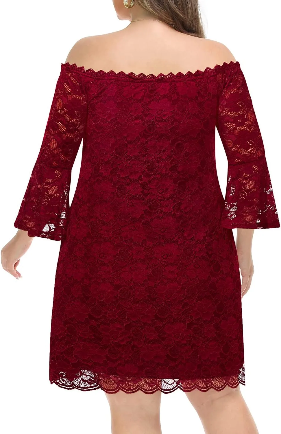 Plus Size Dresses for Women Wedding Guest Off The Shoulder Lace Cocktail Short Dress with Bell Sleeve