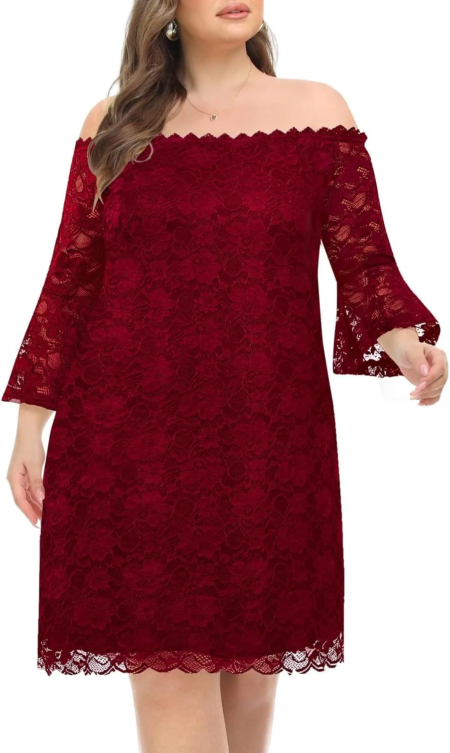 Plus Size Dresses for Women Wedding Guest Off The Shoulder Lace Cocktail Short Dress with Bell Sleeve