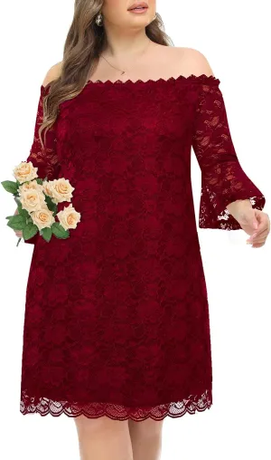 Plus Size Dresses for Women Wedding Guest Off The Shoulder Lace Cocktail Short Dress with Bell Sleeve
