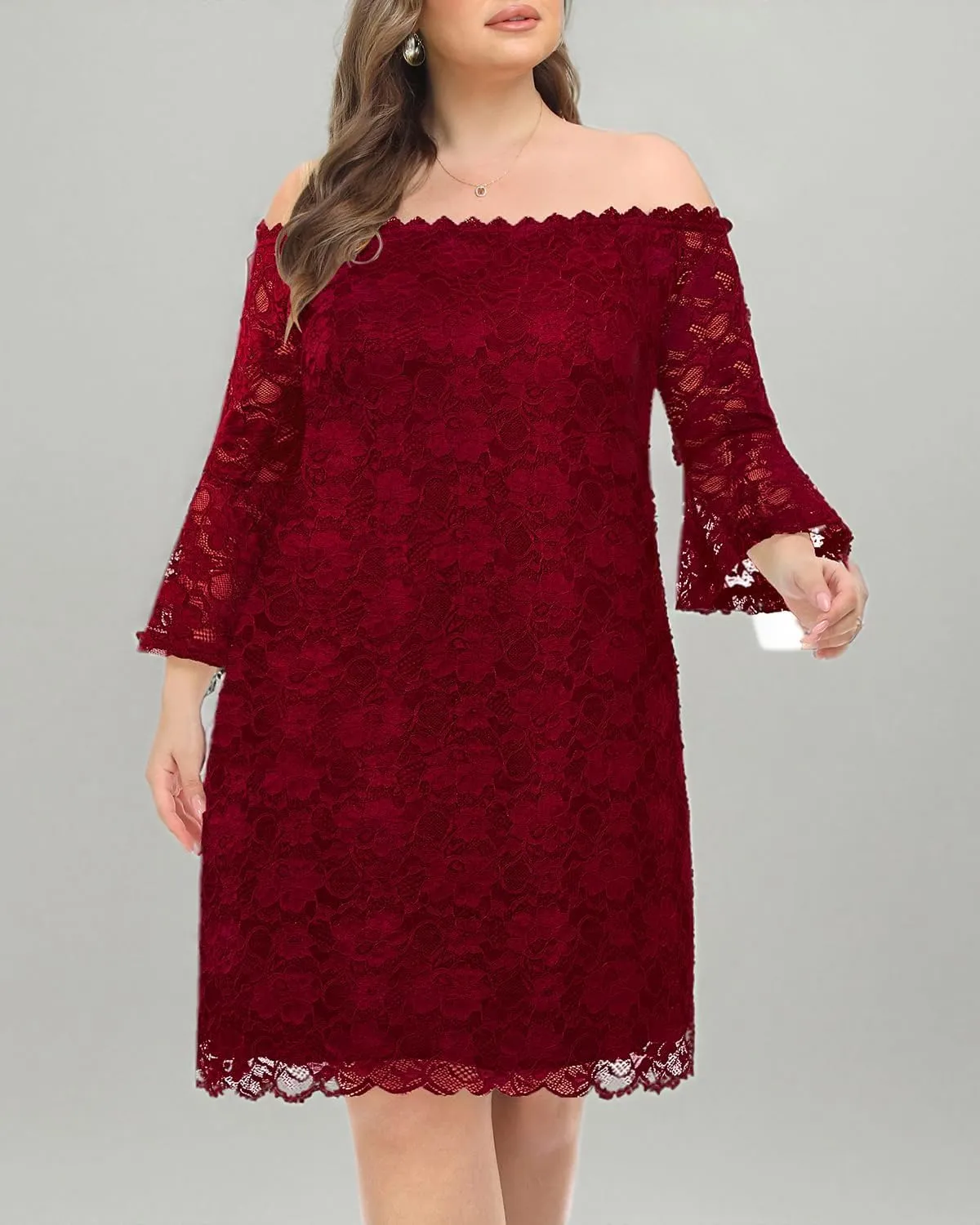 Plus Size Dresses for Women Wedding Guest Off The Shoulder Lace Cocktail Short Dress with Bell Sleeve