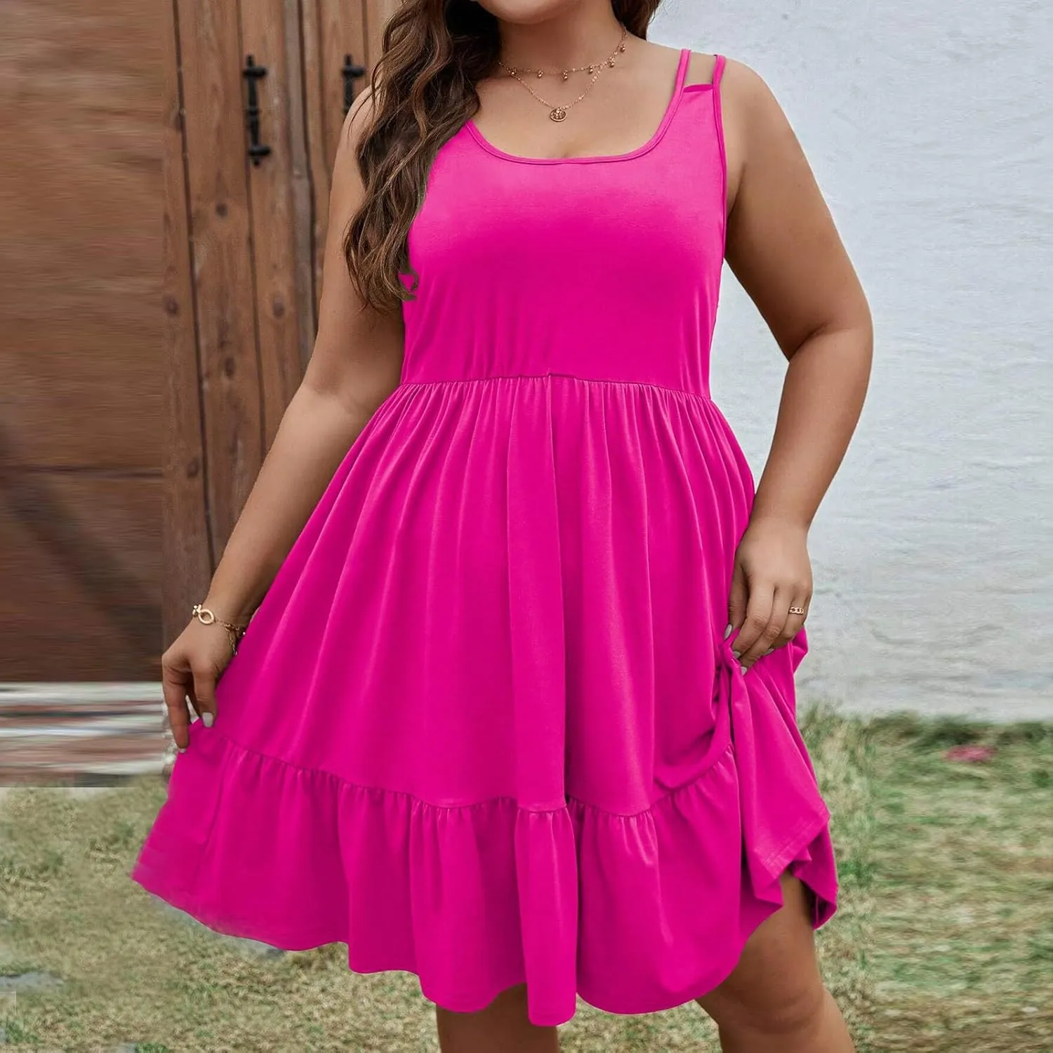Plus Size Summer Dresses,Sleeveless Midi A Line Tiered Dress for Beach Vacation