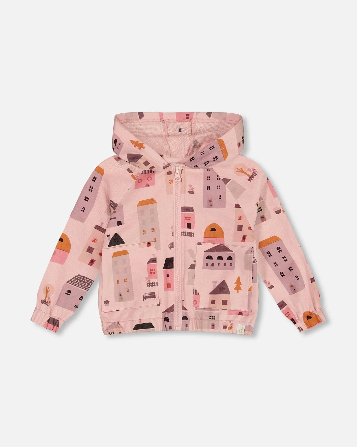 Printed French Terry Hoodie Cardigan Pink And Coral Houses