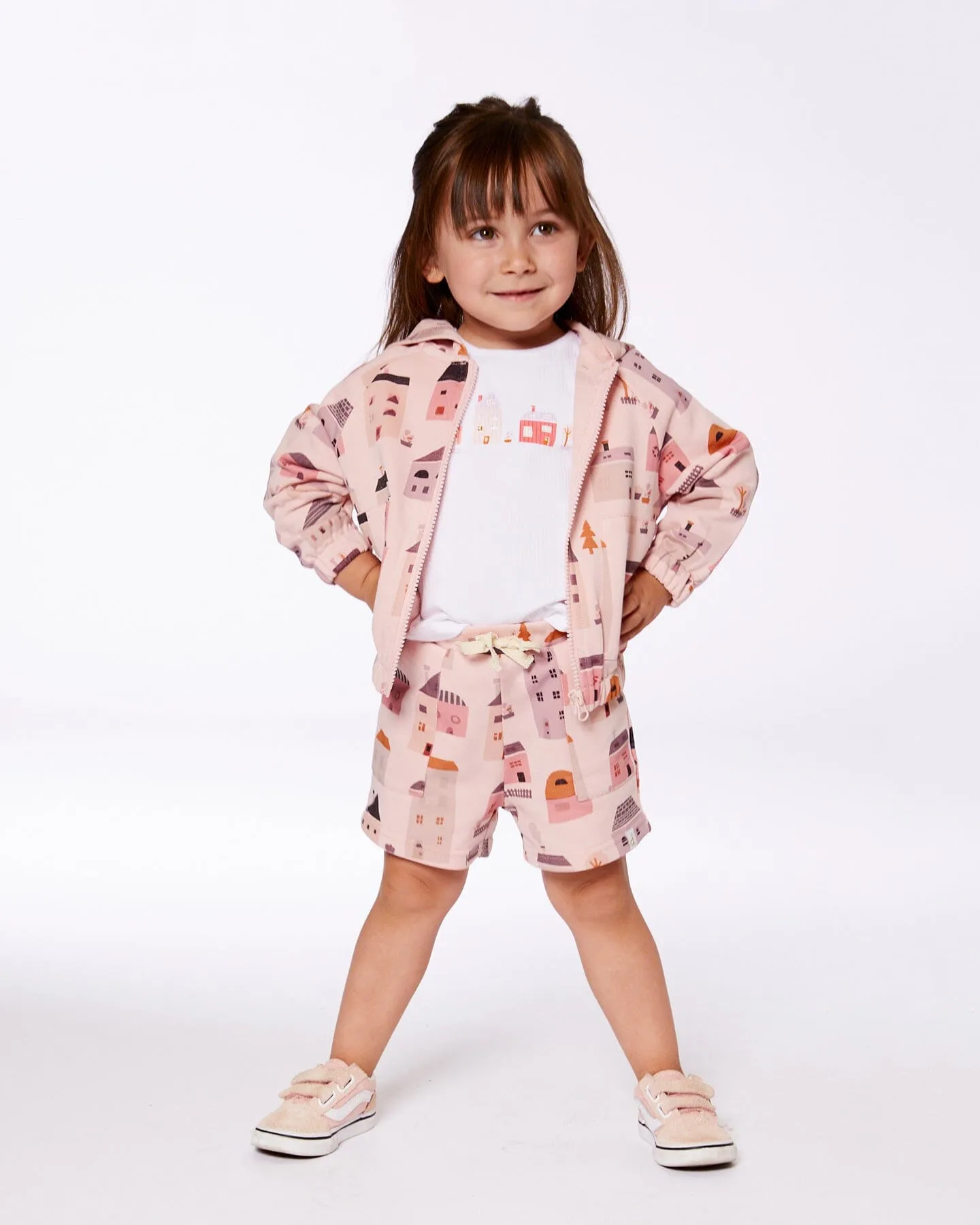 Printed French Terry Hoodie Cardigan Pink And Coral Houses