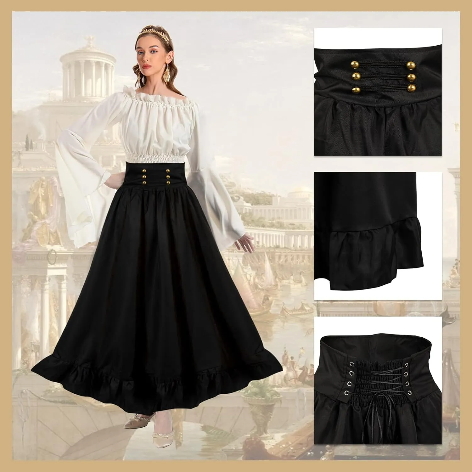 Renaissance Skirt for Women Pirate Viking Victorian Medieval Costume Maxi Long Ruffle Skirts Halloween Outfits
